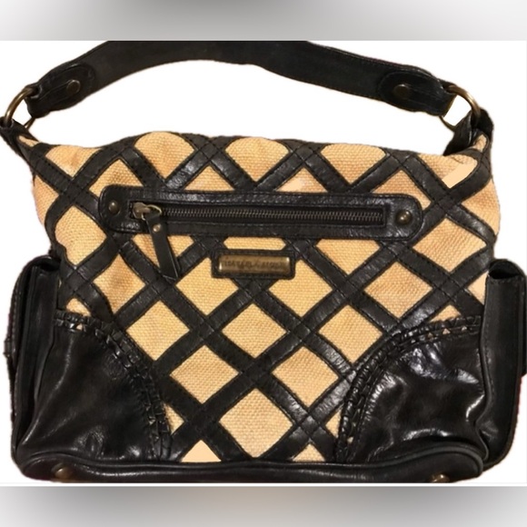 Isabella Fiore Star Safari Tula Crisscross Lattice Tan Black Bead Purse Handbag - Picture 5 of 12